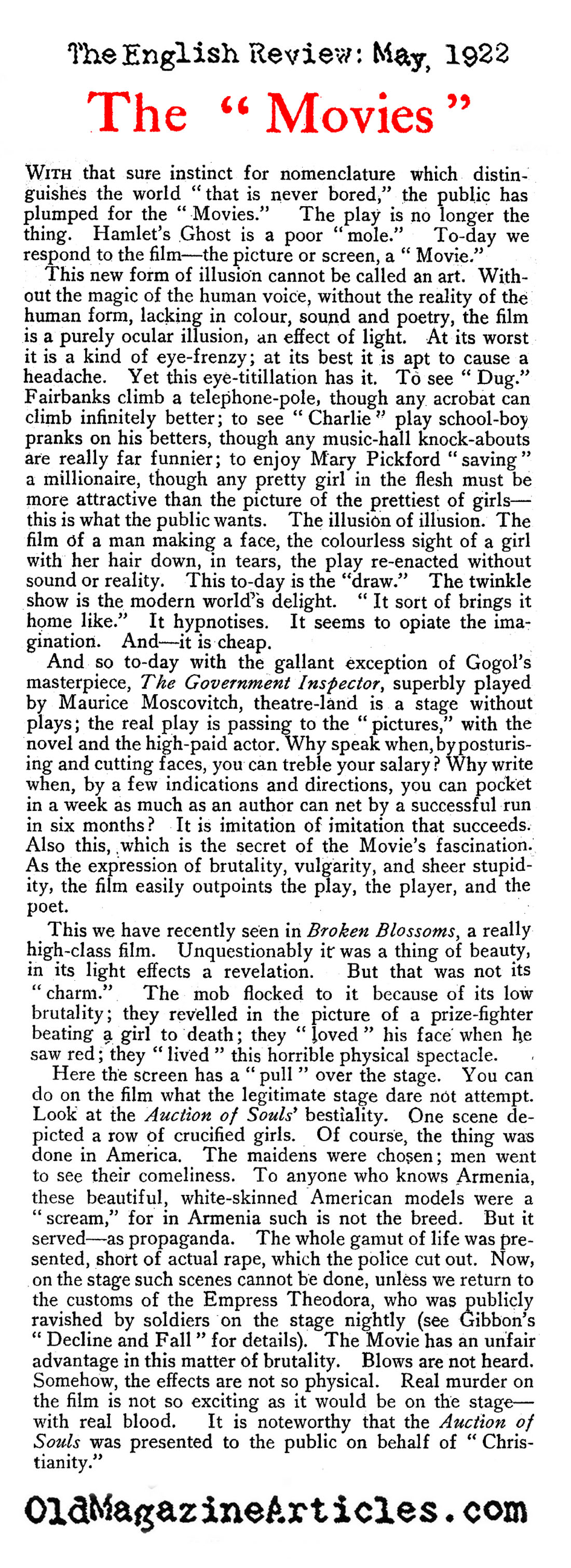 More Nasty Criticism About Silent Films (English Review, 1922)